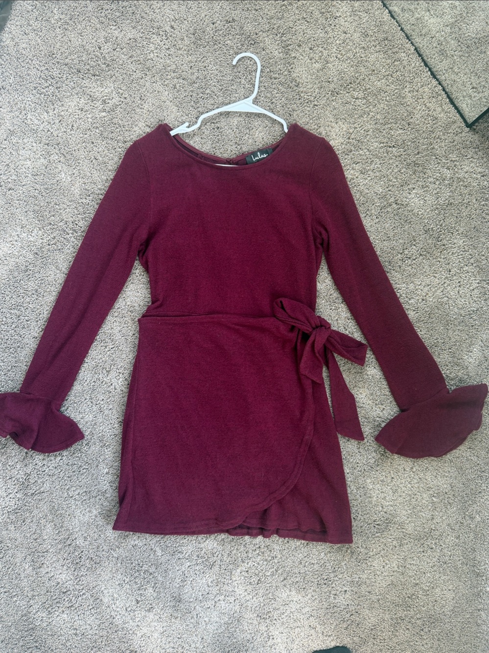 Lulu's Burgundy Long-Sleeve Wrap Dress with Side Tie